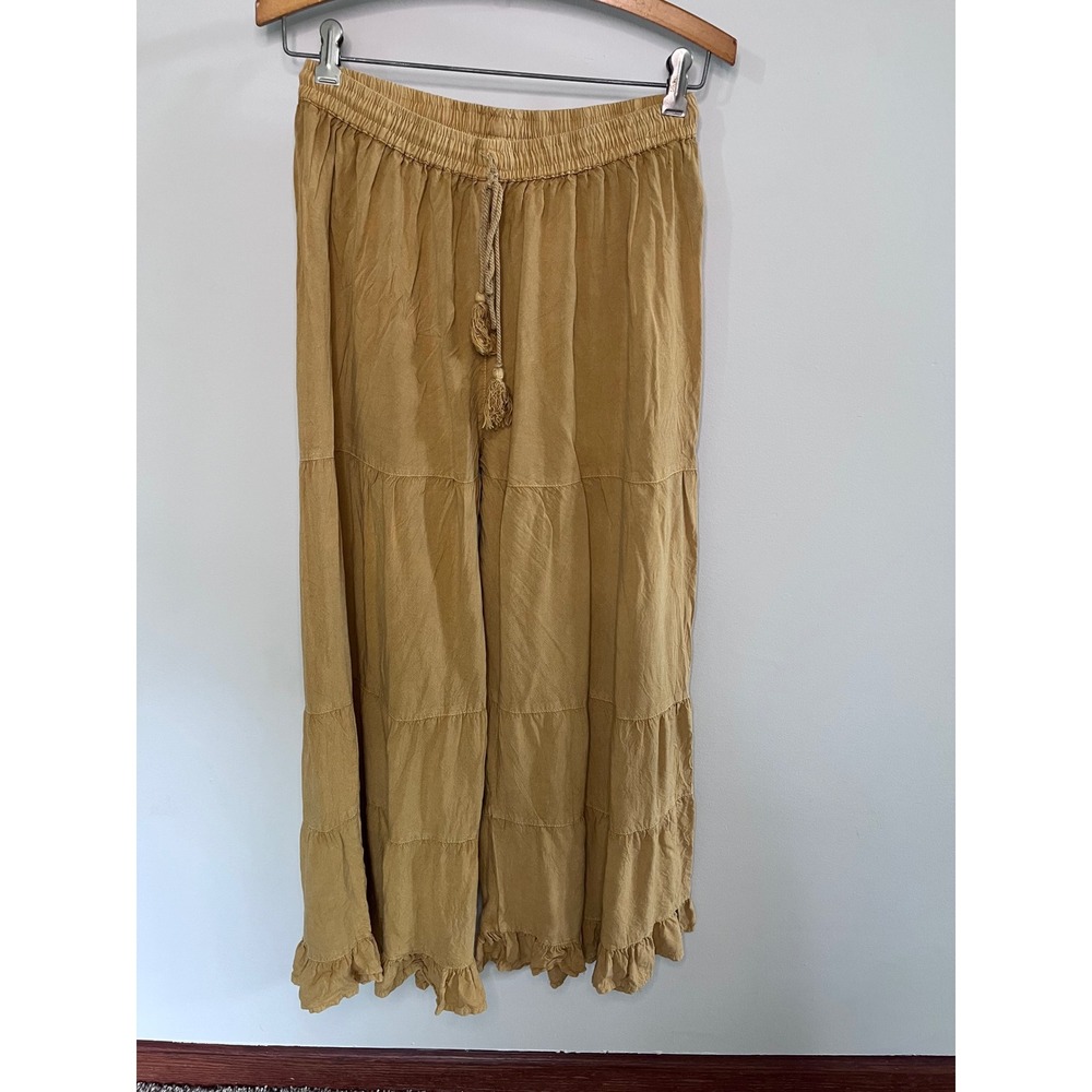 Cute Options Mustard Yellow Tiered Ruffle Wide Leg Boho Peasant Pants Free Size
